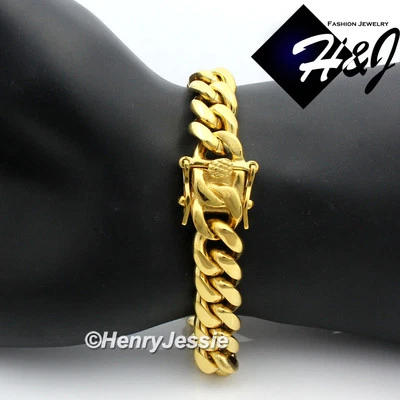 Brazalete de cadena cubana Miami chapado en oro de 12 mm de acero inoxidable para hombre de 8,5"*B154 Foto 1 de 3