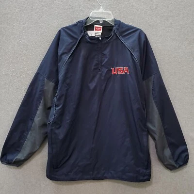 Chaqueta cortavientos vintage de Estados Unidos para hombre XL azul marino bordada 1/4 cremallera América LEER Foto 1 de 4