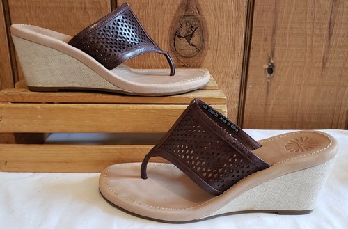 Sandali UGG AUSTRALIA Solena marroni F30012L in pelle punta perizoma zeppa donna taglia 8 W