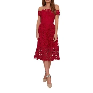 Neu mit Etikett Chi Chi London Midikleid Bardot-Ausschnitt Spitze Häkeldesign Dunkelrot Größe 8 - Bild 1 von 8