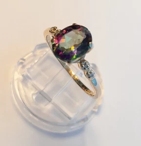 Beautiful 9ct Yellow Gold Mystic Topaz Diamond Ring R / 8.5 Gallery Abbeycrest - Picture 1 of 8