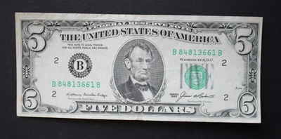 1985 $5 New York Federal Reserve Note/F-1978B/average circulation/FREE SHIPPING! - Image 1 of 4
