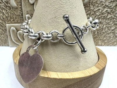OTC ITALY STERLING SILVER 8.5mm ROLO LINK CHAIN HEART CHARM TOGGLE BRACELET 8” - Image 1 of 4