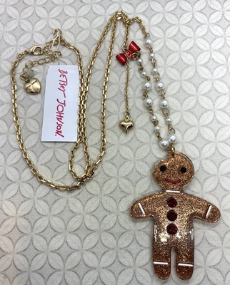 Betsey Johnson Pan de Jengibre Hombre Colgante Collar Largo Vacaciones Navidad Galleta Foto 1 de 4