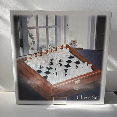 Glass Chess Set: Clear Glass And Frosted Glass Playing Pieces In Mahagony Finish - Image 1 of 4