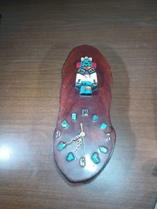 Vintage 1970’s Varnished Cypress Knee Slab Kachina Clock W/ Turquoise Stones - Picture 1 of 8