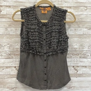 Tory Burch Womens 2 Blouse Sleeveless 100% Silk Snap Button Black + Beige Dots - Picture 1 of 11