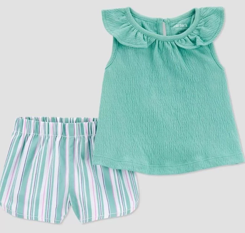 NUEVO NUEVO CON ETIQUETAS Elige Talla Infantil Niñas Camisa Verde y Pantalones Cortos a Rayas Conjunto de 2 Piezas Foto 1 de 1