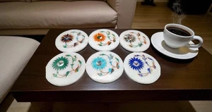 4" White Marble Coaster Set - Floral Inlay Art, Elegant Weeding Gift & Home Deco - Picture 1 of 4