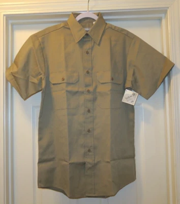 Vintage 1970s Roebucks Sears Work Shirt Poly Cotton Twill Tan Short Sleeve M NOS - Image 1 of 4