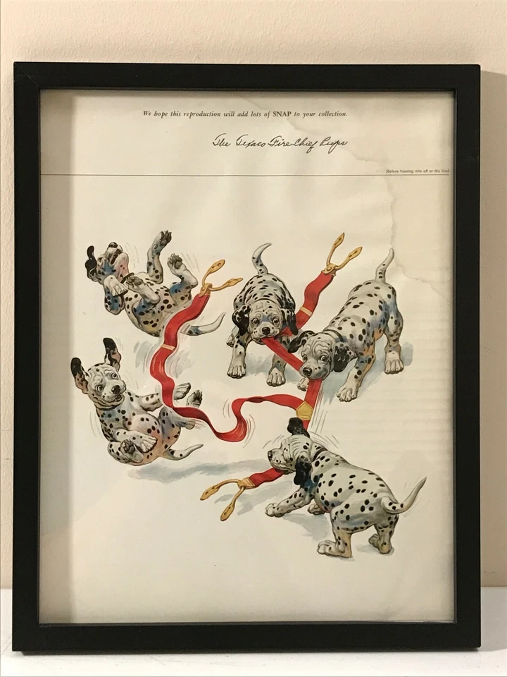 REPRODUCTION FRAMED TEXACO FIRE CHIEF PUPS DALMATIAN DOGS PUPPIES FIREMEN - Image 1 of 3