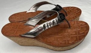 Tory Burch Wedge Sandals Size 9M Thora Metallic Silver Thong Leather Cork *flaw - Picture 1 of 10