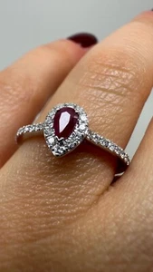 PLATINUM HALO PEAR RUBY AND DIAMONDS RING 0.51CT GG243 - Picture 1 of 18