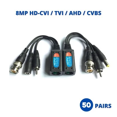 8MP HD Cat5 RJ45 to BNC Passive Video Audio Power Balun Data Transmitter 50 Pair - Image 1 of 4