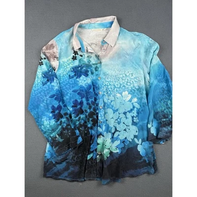Мягкое окружение длинным рукавом на пуговицах 100% шелк цветочный принт Artsy 1 X - Изображение 1 из 4