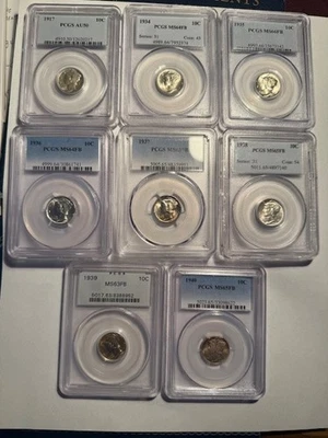 MERCURY DIMES (8) ALL PCGS 1917 AU-50, 1934 TO 1940 ( FULL BANDS) MS-64 TO MS-66 - Image 1 of 4