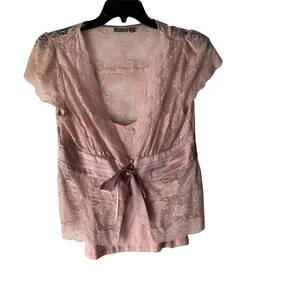Apt 9 Top Y2k Large Pink Sheer Lace Cap Sleeve Tie Waist Layered Romantic Fairy - Picture 1 of 8