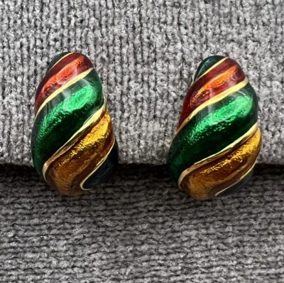 Pendientes de Clip Vintage Premier Designs Tono Dorado Esmalte Verde Diseñador Años 90’s Foto 1 de 4
