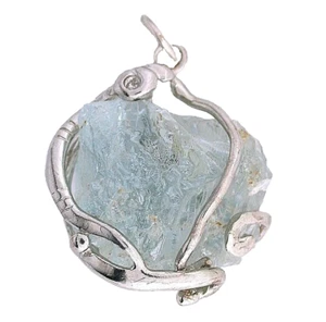 Aquamarine Wirewrapped Crystal Silver Color Pendant 22 Inch Snake Chain EPPC100 - Picture 1 of 3