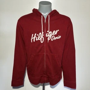Tommy Jeans Men's Hoodie Medium Burgundy Full Zip Embroidered Spellout Logo - Picture 1 of 7