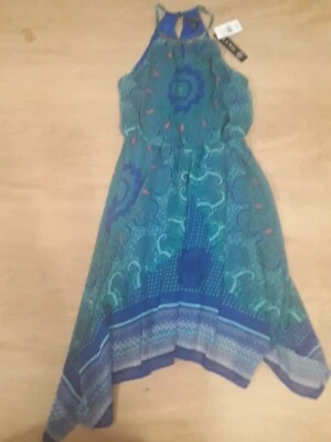 Women's Blue Green Multi-Pattern Sleeveless Handkerchief Dress Size S NEW - Image 1 of 4