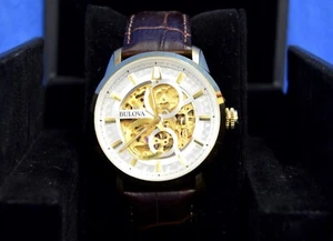 Bulova Sutton Skeleton 43mm Gold-Tone Watch w/ Brown Leather Strap C9771057 - Picture 1 of 8