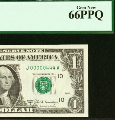 1969B $1 Kansas City FRN PCGS 66PPQ fancy low serial number 00000444 - Image 1 of 3