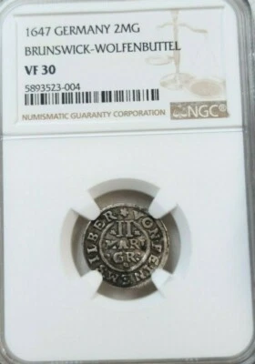 1647 GERMANY SILVER 2 MARIENGROSCHEN BRUNSWICK WOLFENBUTTEL NGC VF 30 TOP POP 1 - Image 1 of 4