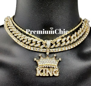 Juego de 4 piezas de gargantilla cubana, tenis, cadena de cuerda, coronado rey colgante chapado en circonio circular joyería - Imagen 1 de 13