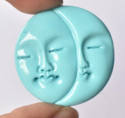 Sky Blue Turquoise Hand Carved 26.55 Ct. Smiling Face Moon Gemstone Ring Pendant - Image 1 of 4