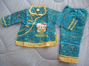 Girls Kitty Cat Floral Top Pants 2 Piece Blue Gold Multicolor Chinese Asian  - Picture 1 of 8