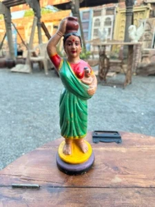 1890's Old Ancient Terracotta Painted Golu Doll Indian Lady With Matka Figure - Picture 1 of 13