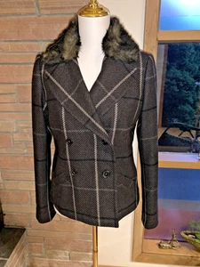 Banana Republic Wolle Kunstfell braun kariert Mantel Jacke Small - Bild 1 von 7