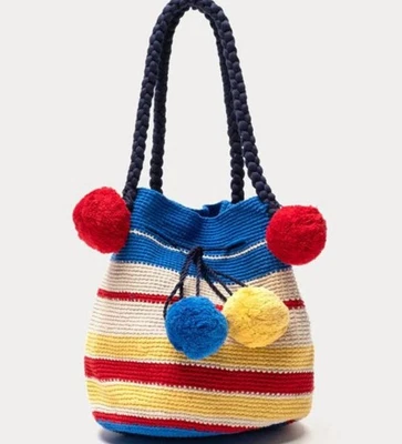 NWT FRANCES VALENTINE HALEY WOVEN BUCKET POM POM REGATTA STRIPE BAG - Image 1 of 4