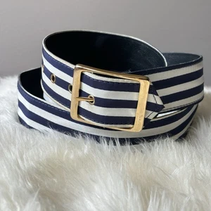 Vtg Striped Nautical Belt Navy & White Gold Buckle Sailor Chic Coastal Retro - Picture 1 of 10