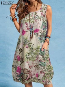 Women Bohemian Beach Dress Summer Floral Print Sleeveless Knee-length Sundress - Picture 1 of 22