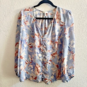Joie 100% Silk Blue Floral V-Neck Button Up Blouse Long Sleeve Size Small - Picture 1 of 11