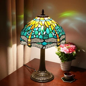 Tiffany Lamp Green Dragonfly Style Stained Glass Lamps Teal Bedroom Bedside Tabl - Picture 1 of 9