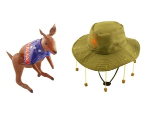Australian Fancy Dress Costume Set Khaki Hat Corks Inflatable Kangaroo Aussie Do - Picture 1 of 7