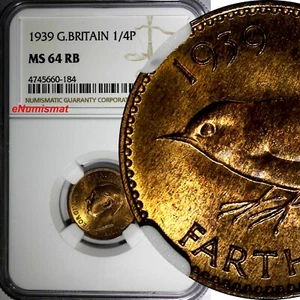 Great Britain George VI  Bronze 1939 Farthing NGC MS64 RB NICE TONING KM# 843(4) - Picture 1 of 4