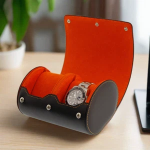 Double Watch Roll Case Premium Black Nappa Leather with Orange Lining by Aevitas - Picture 1 of 6