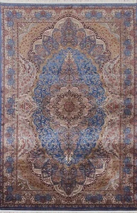 Floral Traditional Style Area Rug 7x10 ft. Silk Blue Carpet - Picture 1 of 12