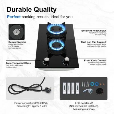Gas Hob 2 Burners 30cm Tempered Glass Kitchen Built in Gas Cooktop NG/LPG Black - Image 1 of 4