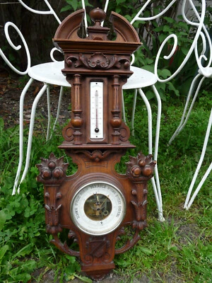 Grand baromètre - thermomètre ancien en bois sculpté - Photo 1/4