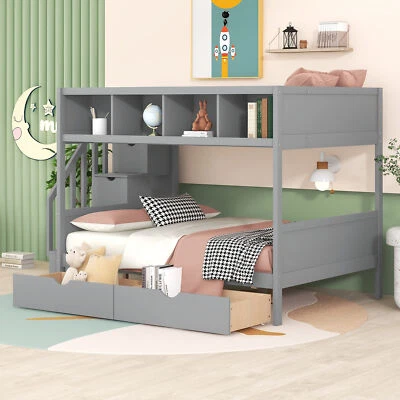 Twin Over Full Bunk Bed with Storage Drawer Staircase Wooden Platform Bed Frames - Image 1 of 4
