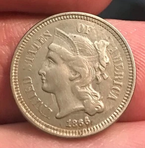 1866 3c nickel three cent piece, Lustrous AU , scarce - Picture 1 of 6