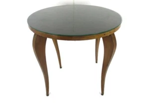 Round Art Deco Style Coffee Side Occasional Wine Table Glass Top Wood Modernist - Picture 1 of 7