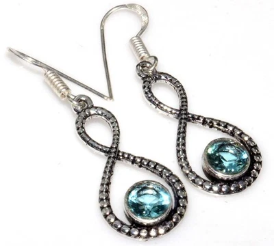 Pendientes de topacio azul enchapados en plata 925 hechos a mano con piedras preciosas tamaño 1,6" JW Foto 1 de 3