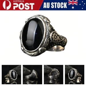 Men Vintage Gothic Dark Silver Black Onyx Oval Stone Carving Ornate Floral Ring - Picture 1 of 7