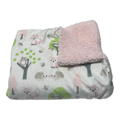 Blankets & and Beyond Baby Sherpa Tree Raccoon Owl Fox Hedgehog White Pink Green - Image 1 of 4